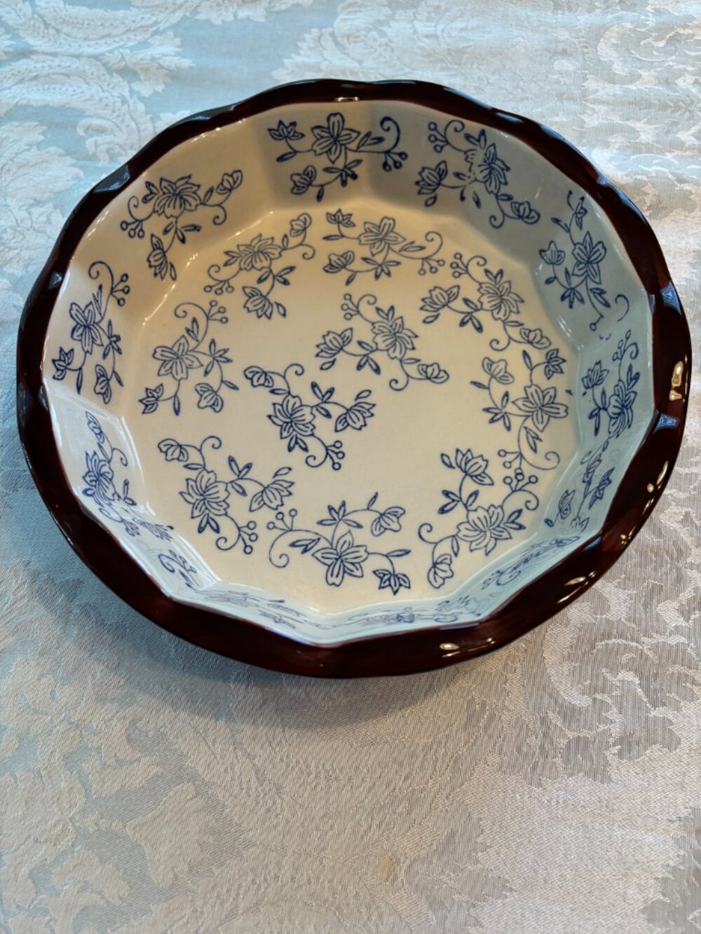 Temptations Blue/Cream Floral Lace Baking Dish 9" Hand Made And Painted